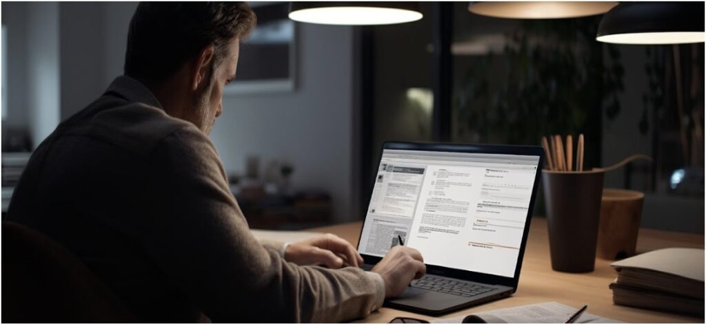 Businessman looking over a request for a proposal on a laptop.